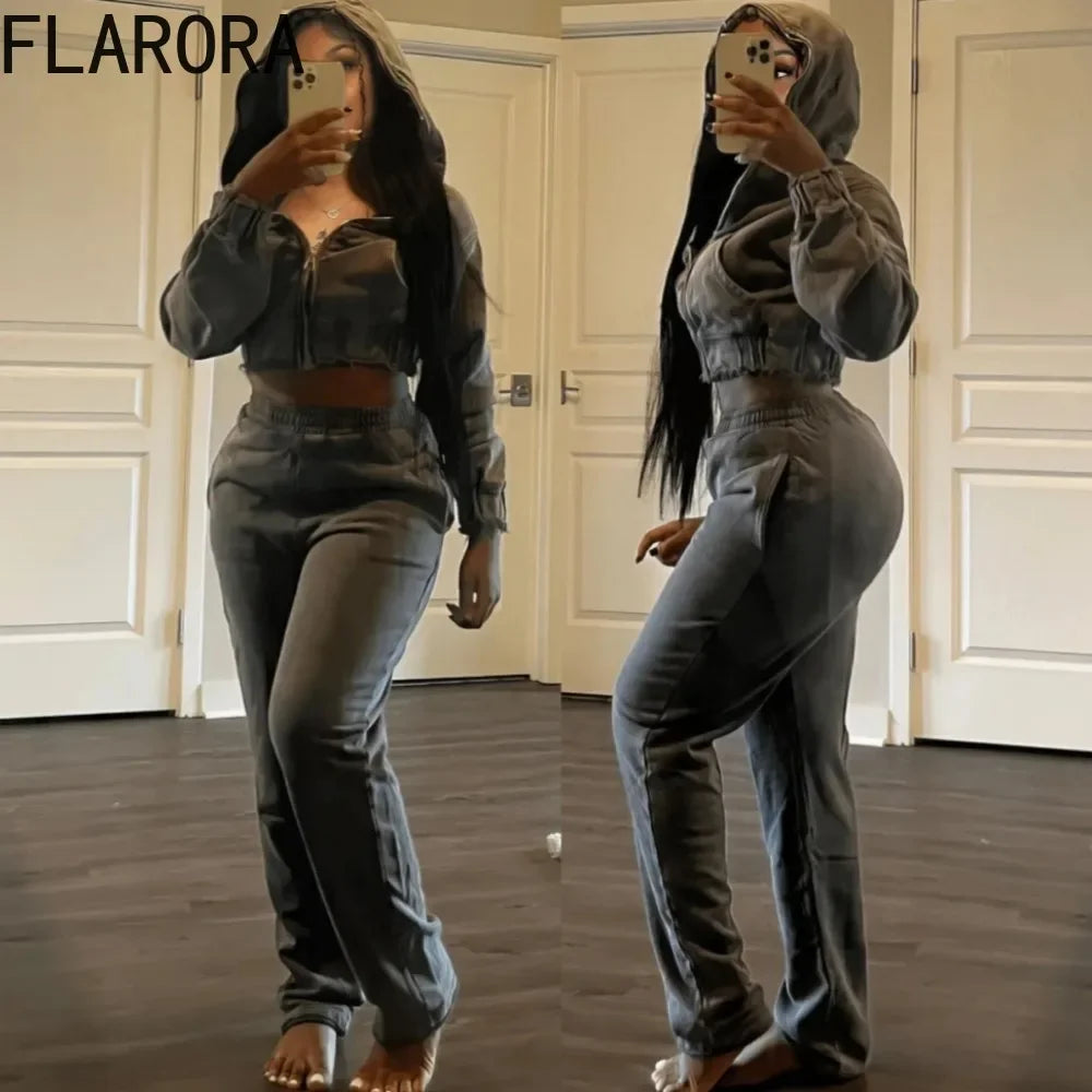 FLARORA 2024 Autumn Casual Solid Color Jogger Pants Tracksuits Woman Hooded Zip Long Sleeve Crop Tops And Pants Two Piece Sets