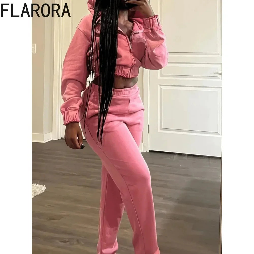 FLARORA 2024 Autumn Casual Solid Color Jogger Pants Tracksuits Woman Hooded Zip Long Sleeve Crop Tops And Pants Two Piece Sets