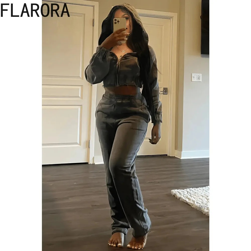 FLARORA 2024 Autumn Casual Solid Color Jogger Pants Tracksuits Woman Hooded Zip Long Sleeve Crop Tops And Pants Two Piece Sets