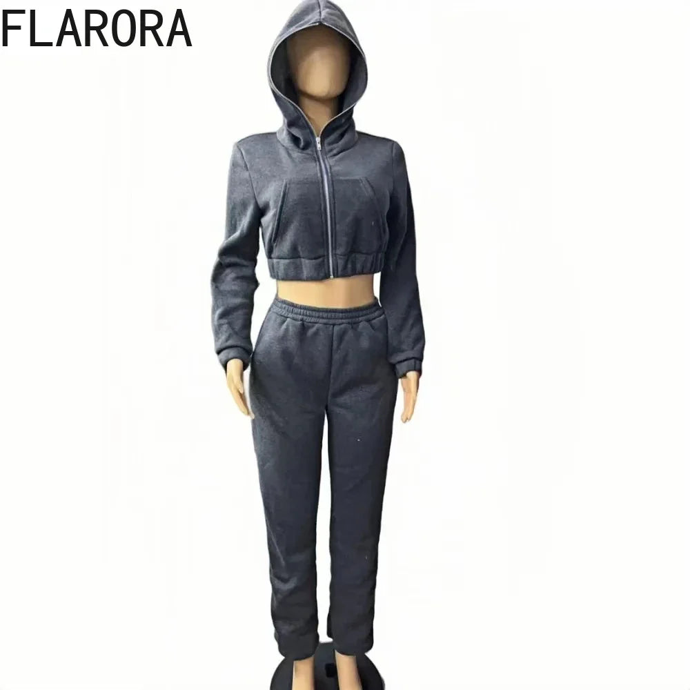 FLARORA 2024 Autumn Casual Solid Color Jogger Pants Tracksuits Woman Hooded Zip Long Sleeve Crop Tops And Pants Two Piece Sets