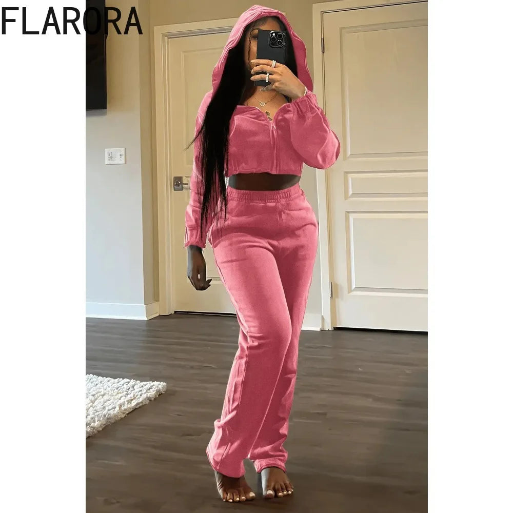 FLARORA 2024 Autumn Casual Solid Color Jogger Pants Tracksuits Woman Hooded Zip Long Sleeve Crop Tops And Pants Two Piece Sets